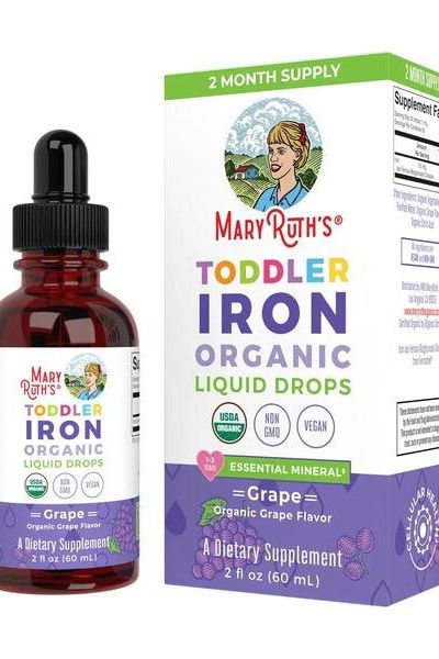 MaryRuth Organics Toddler Iron Liquid Drops in grape flavor, 2 oz bottle for enhanced energy and health support.