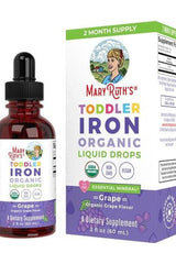 MaryRuth Organics Toddler Iron Liquid Drops in grape flavor, 2 oz bottle for enhanced energy and health support.