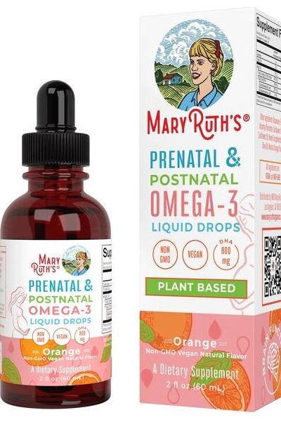 MaryRuth Organics Prenatal & Postnatal Omega-3 Liquid Drops in orange flavor, plant-based dietary supplement.