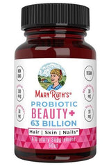 MaryRuth Organics Probiotic Beauty+ supplement bottle, promoting skin, hair, and nail health with 63 billion probiotics.