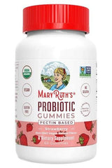 MaryRuth Organics Probiotic Gummies bottle with strawberry flavor, vegan, gluten-free, and pectin-based supplement for digestion.