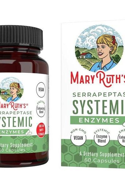 MaryRuth Organics Serrapeptase Systemic Enzymes bottle and packaging, vegan dietary supplement with 60 capsules.