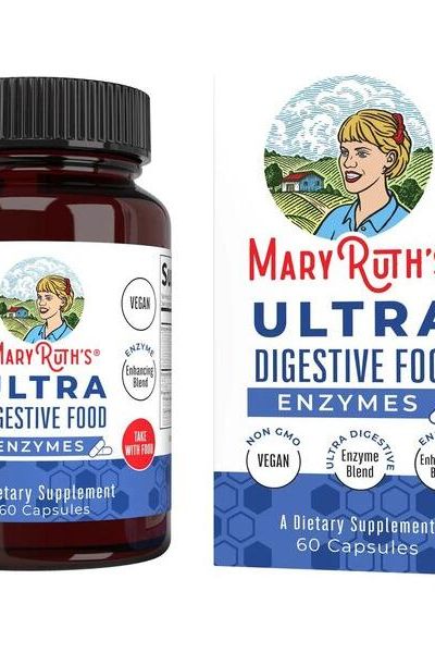 MaryRuth Organics Ultra Digestive Food Enzymes supplement bottle and packaging, vegan dietary capsules for digestion.