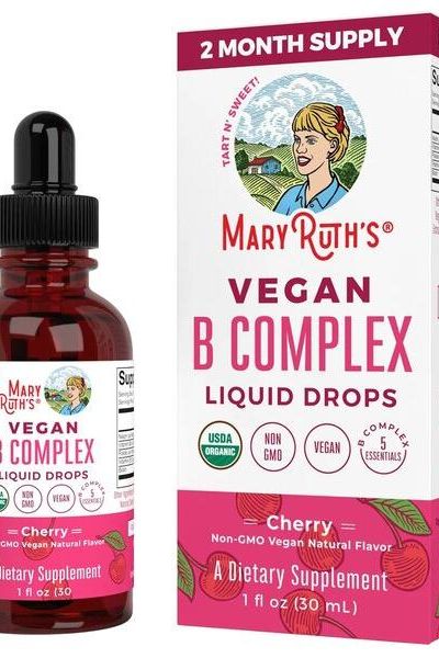 MaryRuth Organics Vegan B Complex Liquid Drops in cherry flavor, 2-month supply, dietary supplement for metabolism support.