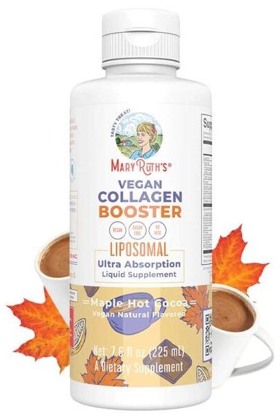 MaryRuth Organics Vegan Collagen Booster Liposomal liquid supplement in a bottle with maple hot cocoa background.
