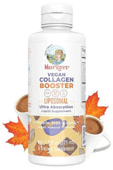 MaryRuth Organics Vegan Collagen Booster Liposomal liquid supplement in a bottle with maple hot cocoa background.