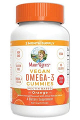 MaryRuth Organics Vegan Omega-3 Gummies bottle, orange flavored, sugar-free, 60 count, dietary supplement.