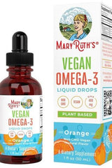 MaryRuth Organics Vegan Omega-3 liquid drops in a brown glass bottle with orange flavor packaging.
