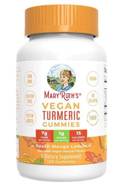 MaryRuth Organics Vegan Turmeric Gummies bottle, peach mango lemon flavor, 120 count, dietary supplement.