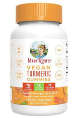 MaryRuth Organics Vegan Turmeric Gummies bottle, peach mango lemon flavor, 120 count, dietary supplement.