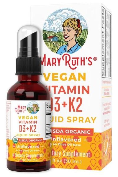 MaryRuth Organics Vegan Vitamin D3 + K2 liquid spray for bone health and calcium absorption.