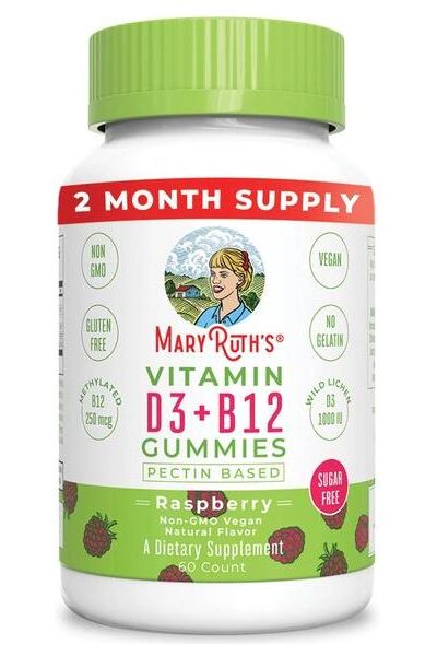 MaryRuth Organics Vitamin D3 + B12 Gummies bottle, raspberry flavor, vegan, gluten-free, 2-month supply.