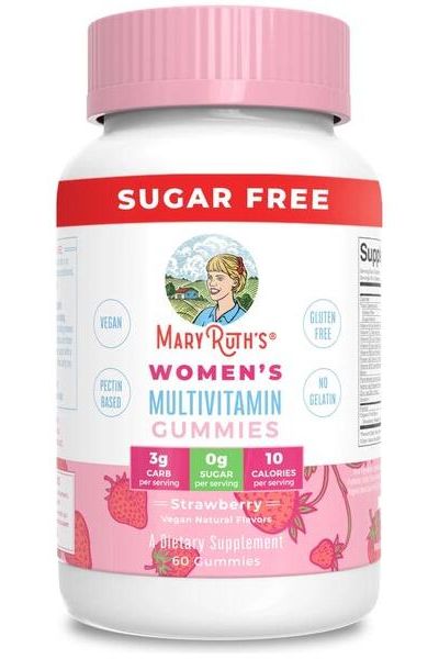 MaryRuth's Women's Multivitamin Gummies bottle, strawberry flavor, vegan, sugar-free dietary supplement for women.
