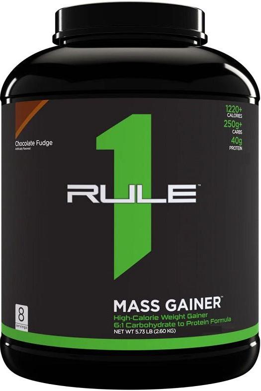 Rule One Mass Gainer protein powder for muscle gain, strength, and recovery; 1220 calories per serving.
