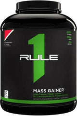 Rule One Mass Gainer protein powder tub, high-calorie formula for muscle gain and recovery.