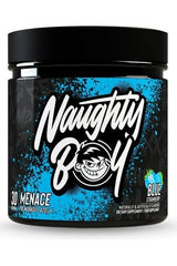 Naughty Boy Menace pre-workout supplement in a blue container, designed for energy and muscle pump.