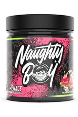 Naughty Boy Menace pre-workout supplement container with vibrant pink and black design, promoting energy and muscle pump.