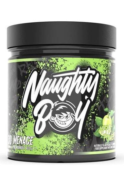 Naughty Boy MENACE pre-workout supplement container with bold design and vibrant green color.