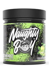 Naughty Boy MENACE pre-workout supplement container with bold design and vibrant green color.