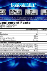 Supplement facts for MHP Adrenaline Drive Energy Mint Tablets with Peppermint flavor, featuring ingredients and nutritional info.