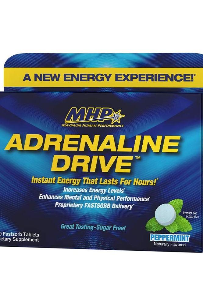 MHP Adrenaline Drive energy tablets in peppermint flavor, designed for instant energy and focus.