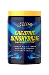 MHP Creatine Monohydrate supplement jar, boosts muscle mass, strength, and energy with 5g creatine per serving.