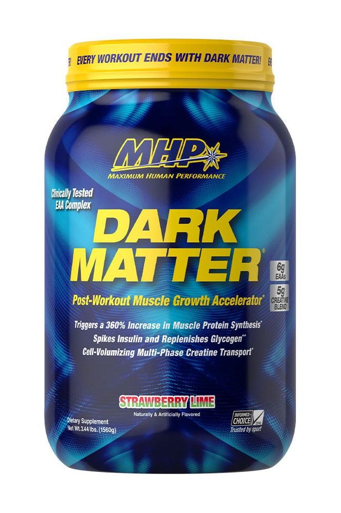 MHP Dark Matter Post-Workout Muscle Growth Accelerator, Strawberry Lime flavor, boosts protein synthesis and replenishes glycogen.