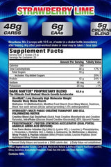 Supplement facts for MHP Dark Matter Strawberry Lime flavor, detailing carbs, EAAs, and creatine content.