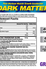 Nutritional label for MHP Dark Matter, a post-workout muscle growth accelerator showing ingredients and benefits.