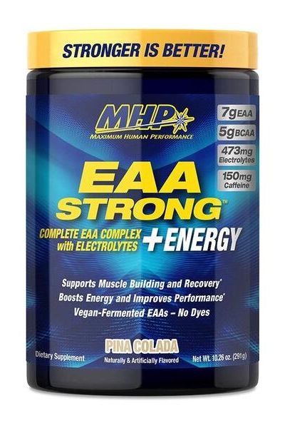 MHP EAA Strong + Energy Pina Colada 291g supplement for muscle recovery and endurance with electrolytes.