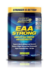 MHP EAA Strong supplement featuring 7g essential amino acids, 5g BCAA, and 473mg electrolytes in lemon lime flavor.