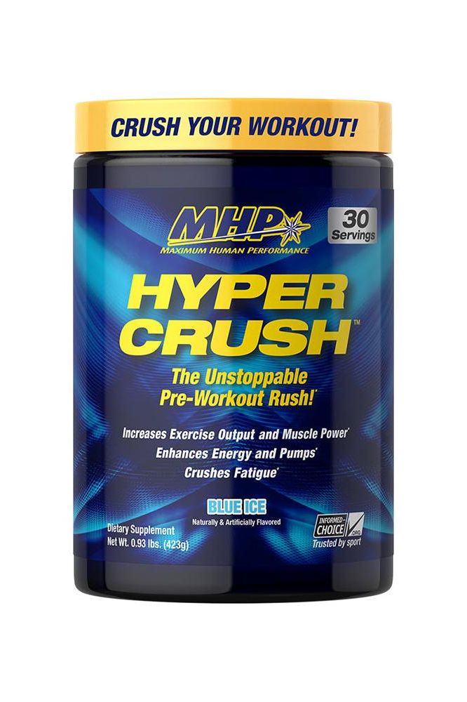 MHP Hyper Crush pre-workout supplement for enhanced energy, focus, and muscle power, featuring 30 servings.