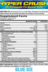 Supplement facts for MHP - Hyper Crush pre-workout energy formula, highlighting ingredients and benefits.