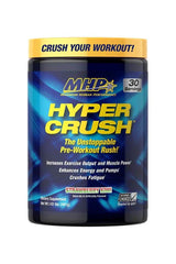 MHP Hyper Crush pre-workout supplement in strawberry kiwi flavor, boosts energy and muscle power for enhanced workouts.