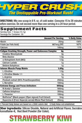 MHP Hyper Crush supplement facts label, showing ingredients and nutritional information for pre-workout energy boost.