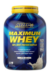MHP Maximum Whey 100% Whey Protein Complex in Vanilla Ice Cream flavor promoting muscle growth and recovery.