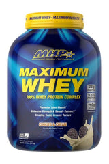 MHP Maximum Whey 100% Whey Protein powder, cookies and cream flavor, 25g protein per serving.
