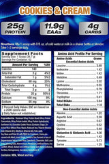 Nutritional information for MHP Maximum Whey Cookies & Cream flavor, highlighting protein, carbs, and amino acids per serving.