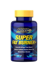 MHP Super Fat Burner+ bottle containing 60 capsules, promoting energy and metabolism support with caffeine and green tea.