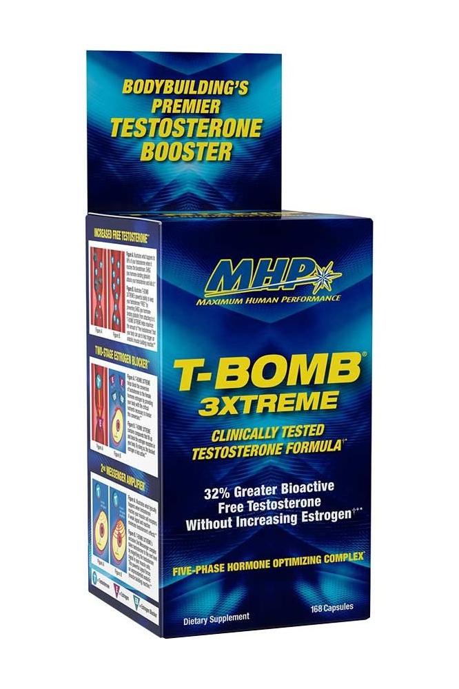 MHP T-Bomb 3XTREME testosterone booster, 168 tablets, clinically tested formula for muscle and strength.