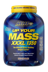 MHP Up Your Mass XXXL 1350 weight gainer tub, 1350 calories, 50g protein for muscle growth and recovery.