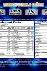 Nutritional supplement facts for MHP Up Your Mass XXXL 1350 with protein, calories, and BCAAs breakdown.