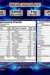 Nutrition label for MHP Up Your Mass XXXL 1350 in milk chocolate flavor showing protein, calories, and BCAAs.