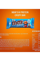 M&M'S Hi Protein Crispy Bar packaging featuring 15g protein, low fat, and nutritional information.