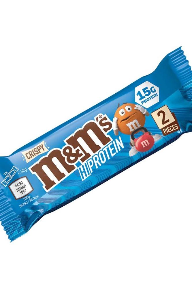 M&M's Crispy High Protein Bar with 15g protein, featuring a blue wrapper design and two pieces