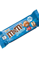 M&M's Crispy High Protein Bar with 15g protein, featuring a blue wrapper design and two pieces
