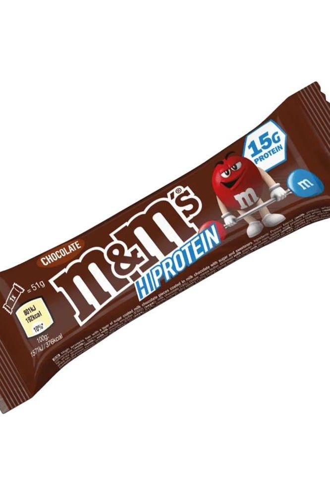 M&M's Hi-Protein Bar with 15g protein, a perfect post-workout snack featuring mini M&M's.