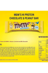 M&M's Hi-Protein Chocolate & Peanut Bar featuring 15g protein, nutritious snack with peanuts and caramel.