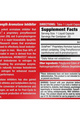 Supplement facts label for MuscleMeds Aromatest, a natural aromatase inhibitor in liquid capsule form.