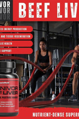 MuscleMeds Beef Liver supplement promoting energy, tissue regeneration, and muscle support in a gym setting.